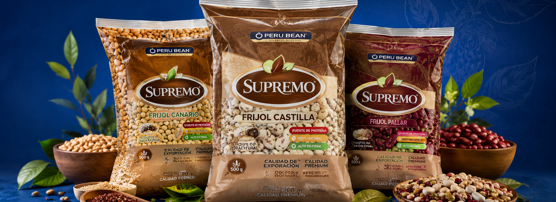 Productos Supremo Peru Bean sobre fondo azul